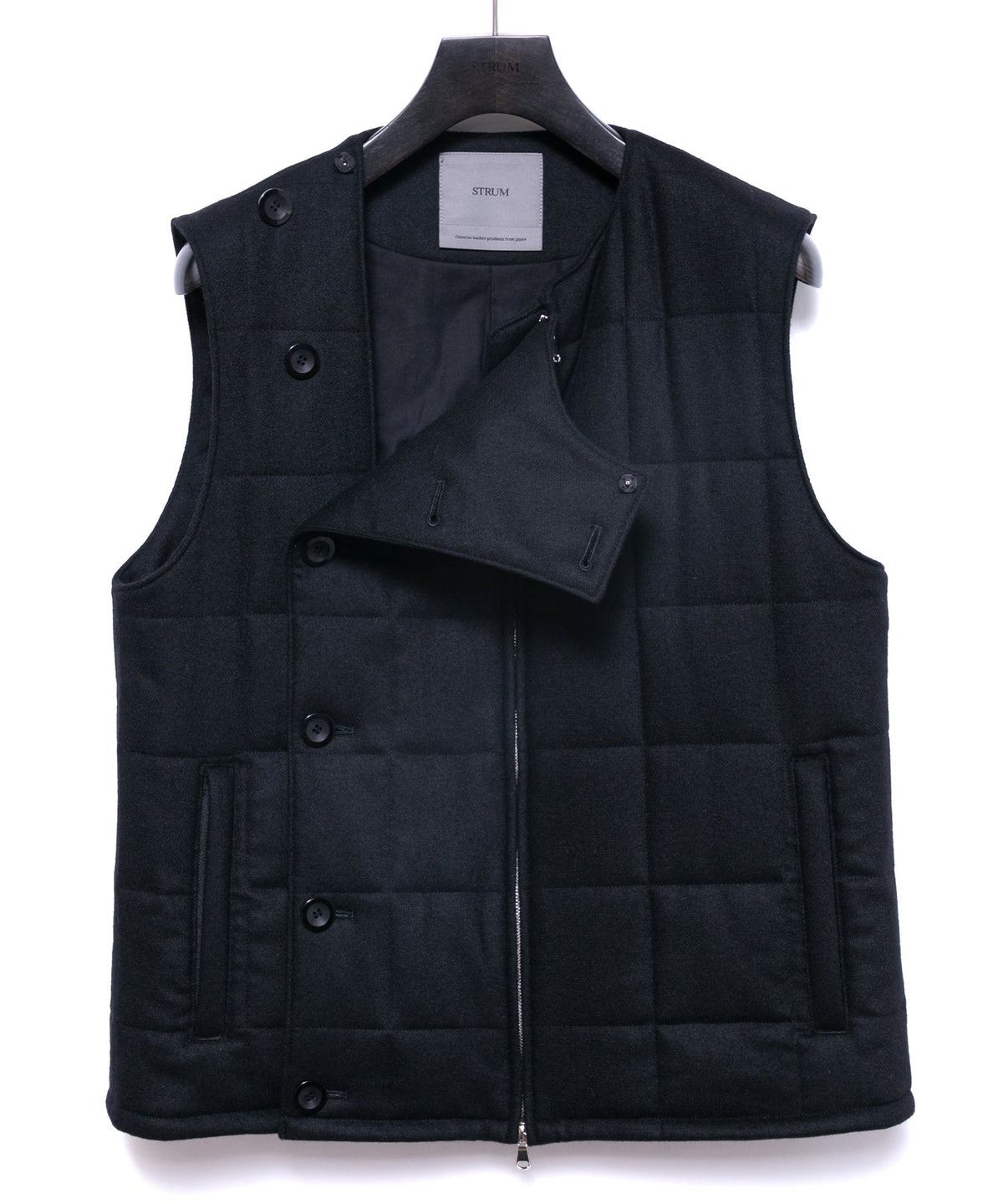 カシミア混 ストレッチ リサイクルウール ツイル 高機能中綿トラックベスト - BLACK-2