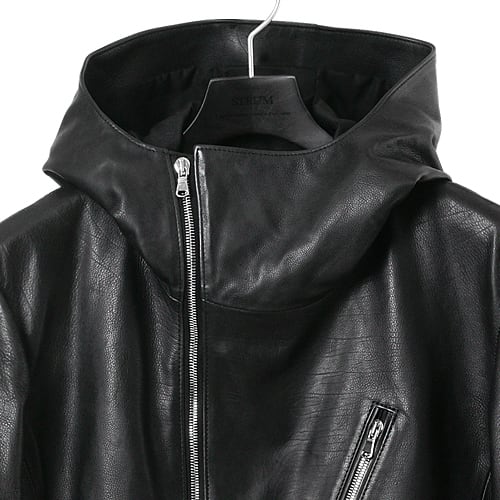 【限定】オイルカーフ ATTRACTION フードダブルライダースジャケット - BLACK-5