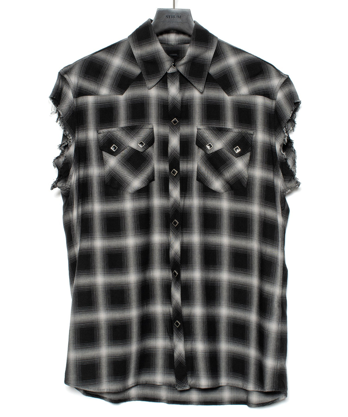 レーヨン ツイル オンブレーチェック カットオフ シャツ - BLACK