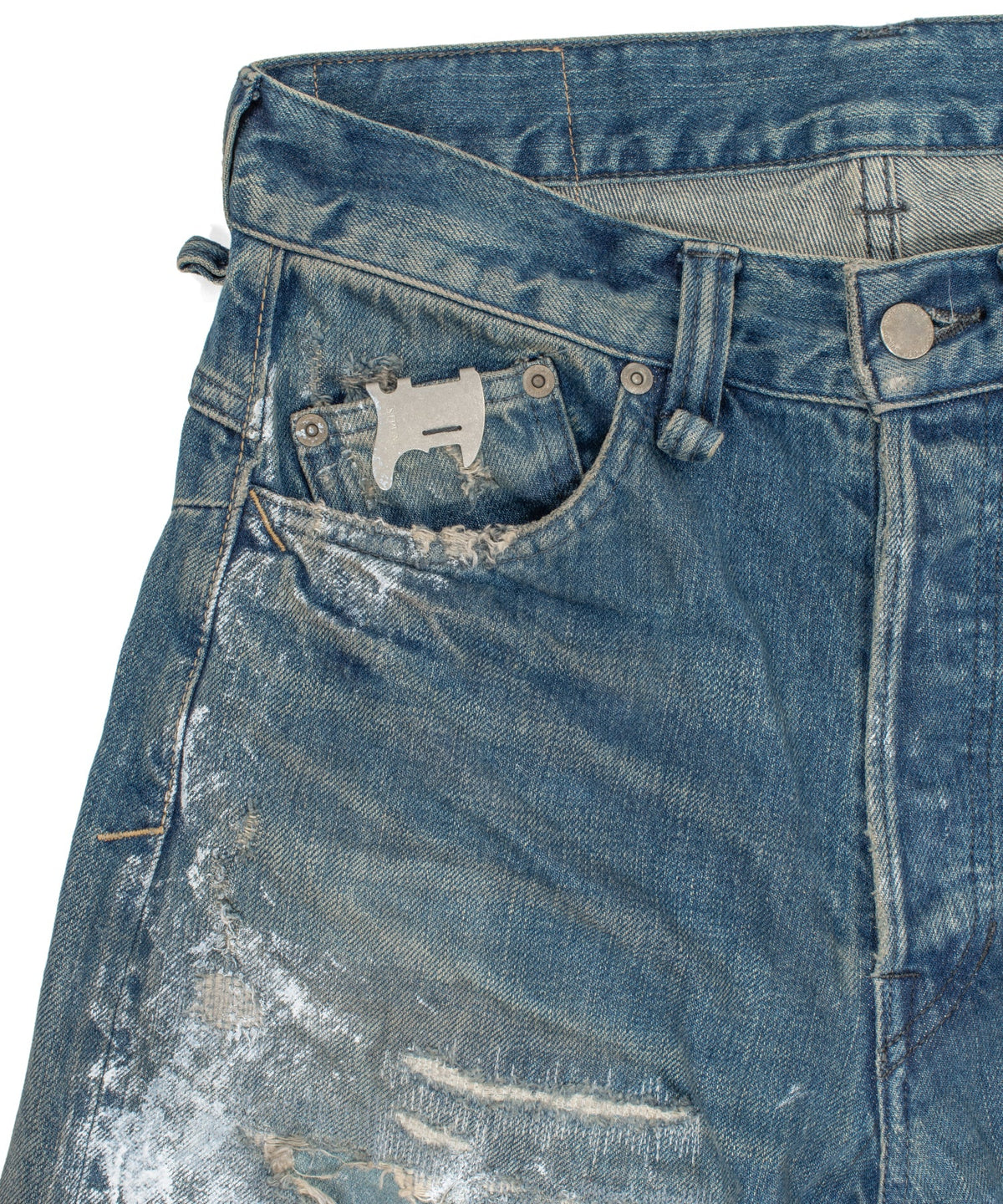 14oz ディープブルー ヘビーセルヴィッチ デニム 1977 レギュラーストレート クラッシュ & リペア + ユーズド加工 - PAINTER INDIGO-4