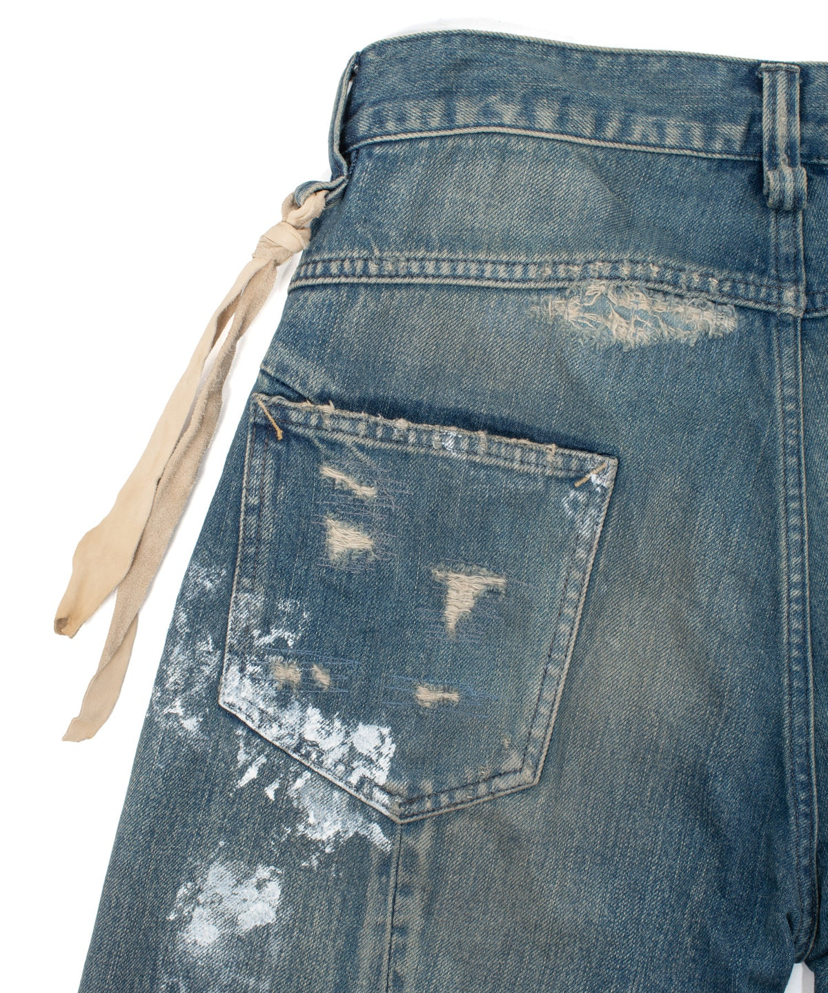14oz ディープブルー ヘビーセルヴィッチ デニム 1977 レギュラーストレート クラッシュ & リペア + ユーズド加工 - PAINTER INDIGO-11