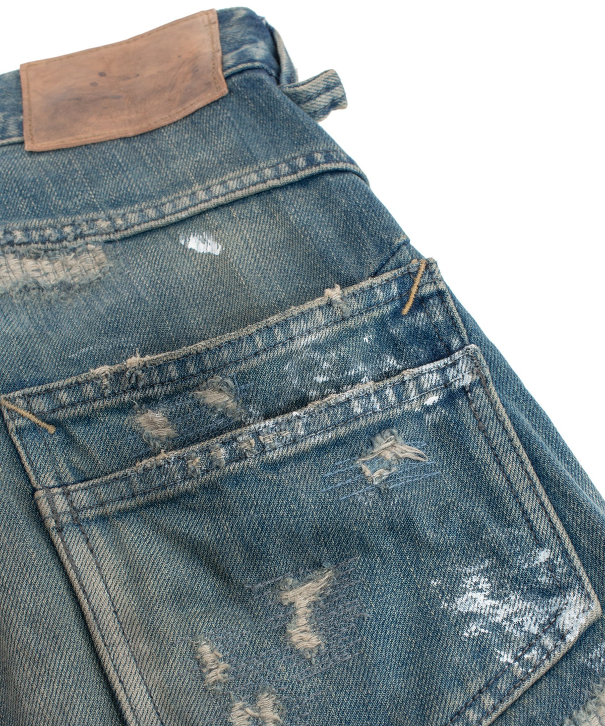 14oz ディープブルー ヘビーセルヴィッチ デニム 1977 レギュラーストレート クラッシュ & リペア + ユーズド加工 - PAINTER INDIGO-12