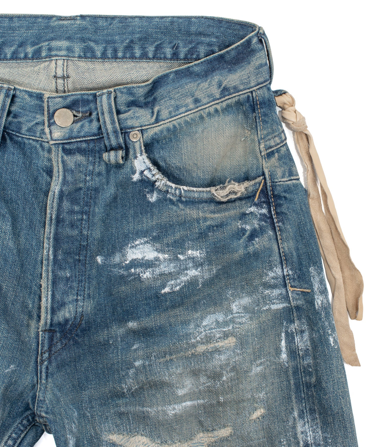 14oz ディープブルー ヘビーセルヴィッチ デニム 1977 レギュラーストレート クラッシュ & リペア + ユーズド加工 - PAINTER INDIGO-5