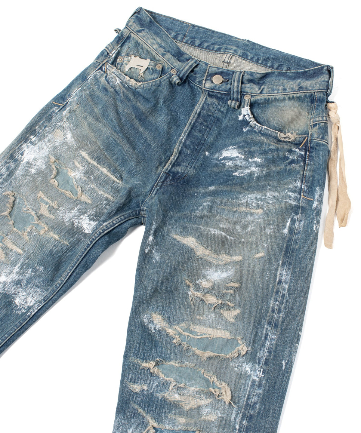 14oz ディープブルー ヘビーセルヴィッチ デニム 1977 レギュラーストレート クラッシュ & リペア + ユーズド加工 - PAINTER INDIGO-14