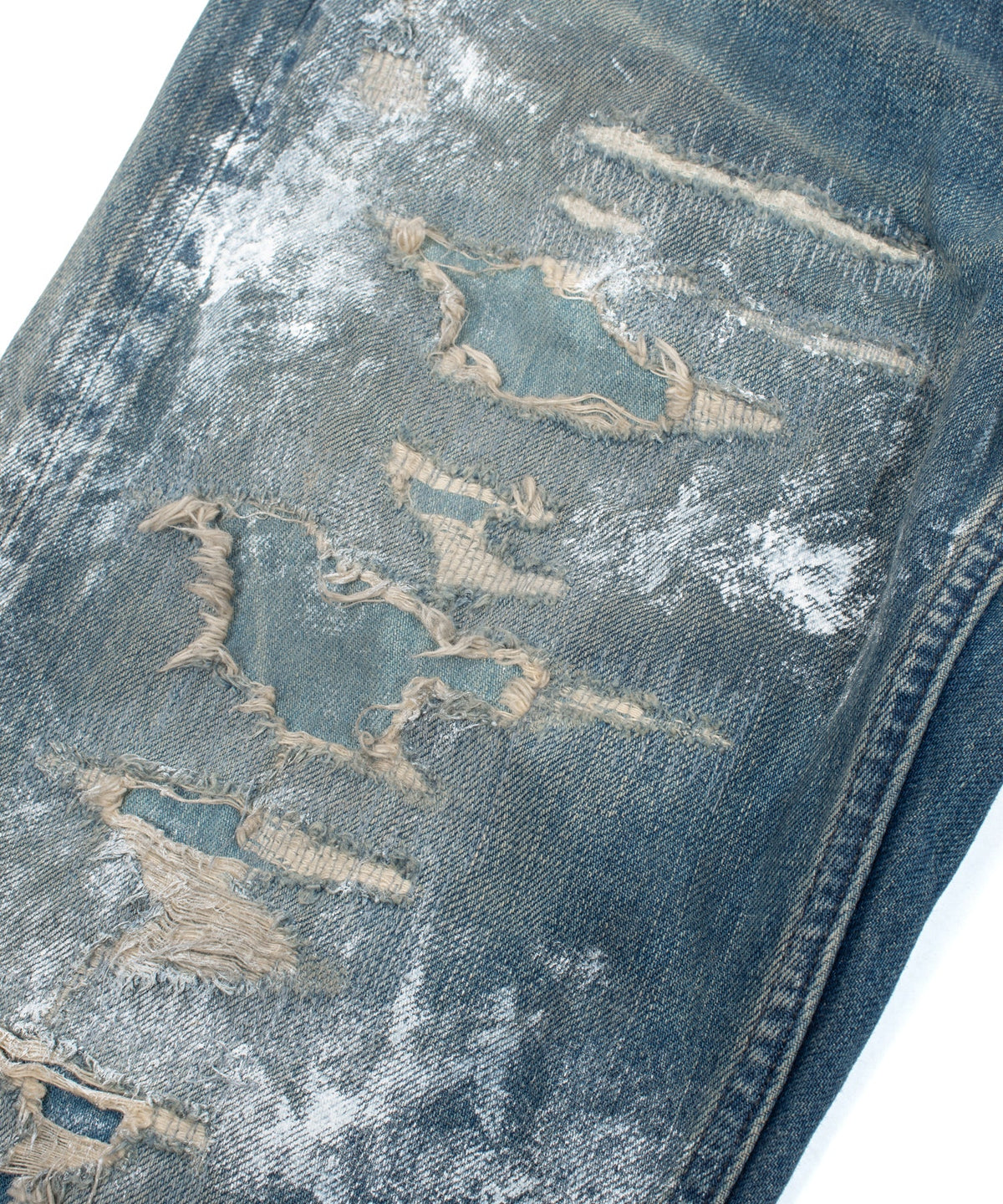 14oz ディープブルー ヘビーセルヴィッチ デニム 1977 レギュラーストレート クラッシュ & リペア + ユーズド加工 - PAINTER INDIGO-9
