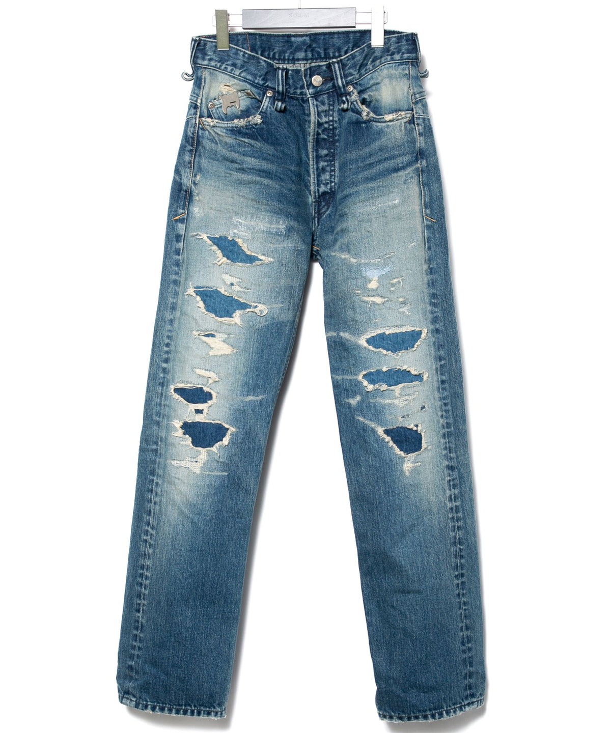 14oz ディープブルー ヘビーセルヴィッチ デニム 1977 レギュラーストレート クラッシュ & リペア + ユーズド加工 - INDIGO