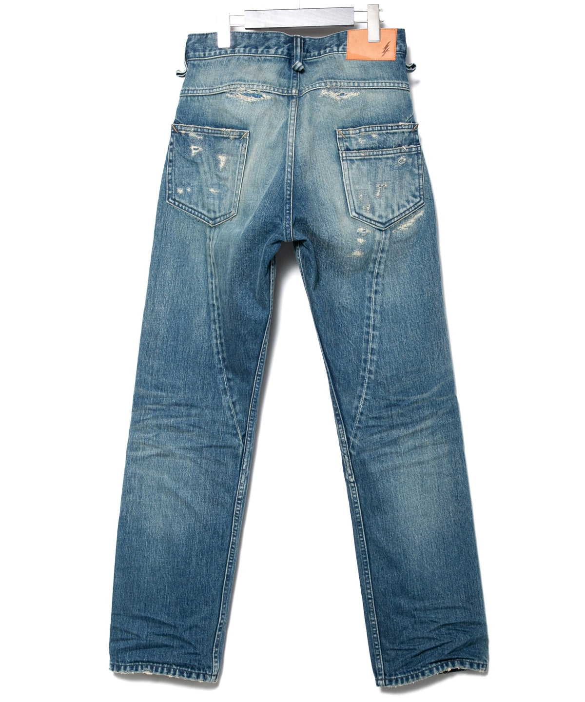 14oz ディープブルー ヘビーセルヴィッチ デニム 1977 レギュラーストレート クラッシュ & リペア + ユーズド加工 - INDIGO