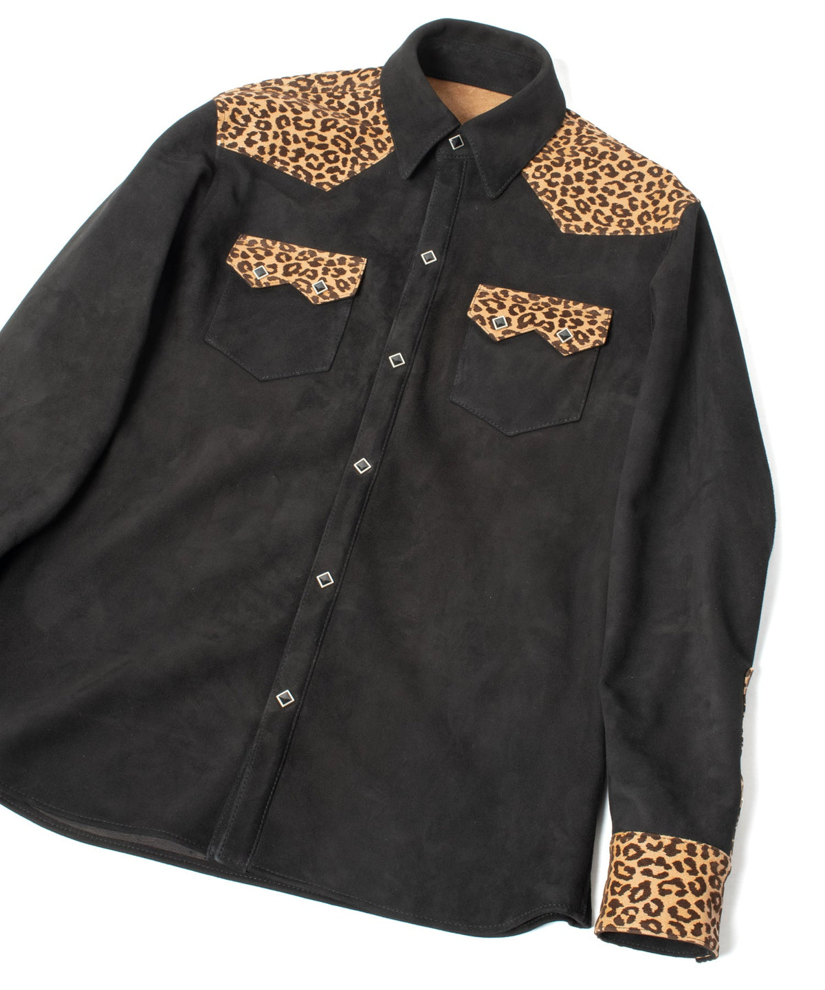 シープ スエード× 豹柄フロッキープリント ピッグスキン ウエスタン シャツ  - BLACK × LEOPARD-11