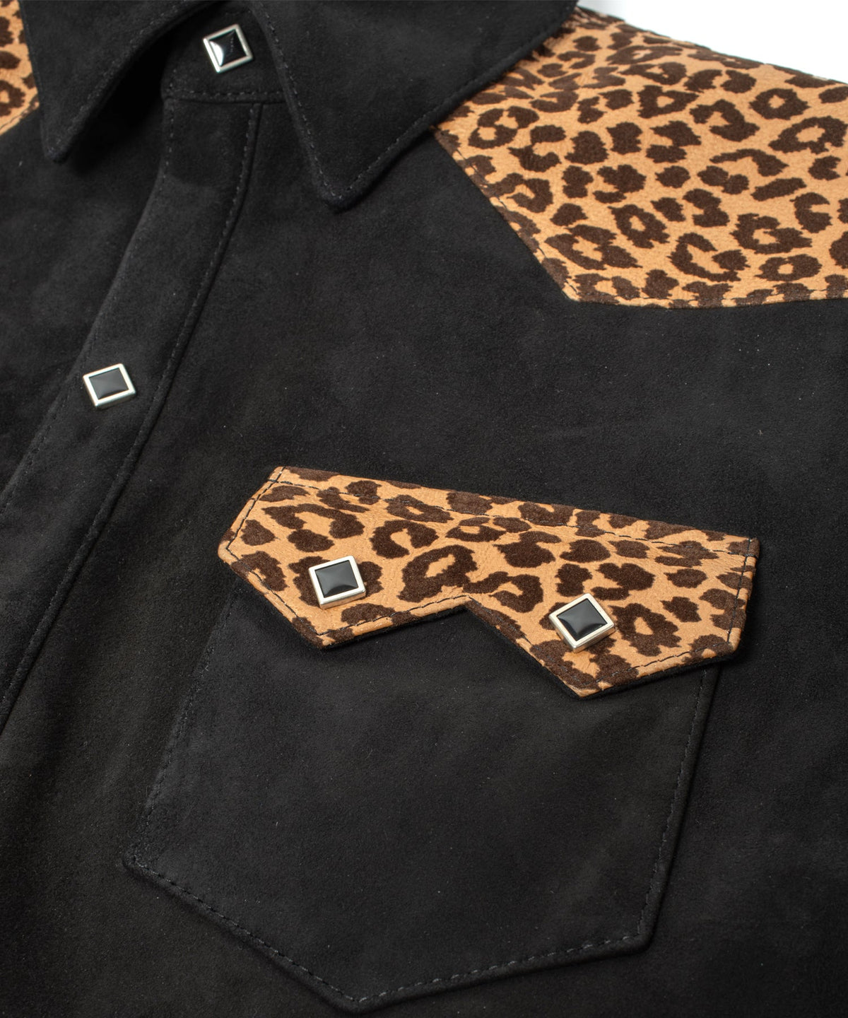 シープ スエード× 豹柄フロッキープリント ピッグスキン ウエスタン シャツ  - BLACK × LEOPARD-5