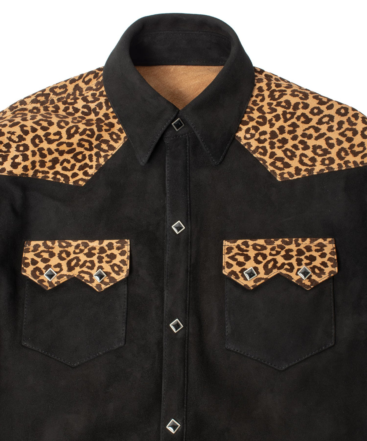シープ スエード× 豹柄フロッキープリント ピッグスキン ウエスタン シャツ  - BLACK × LEOPARD-3